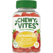 Chewy Vites Adults, High Strength Vit D3 60 Gummy Vitamins, 25 micrograms 100 IU, 1-a-day, Real fruit juice, Vegan, 3 years+