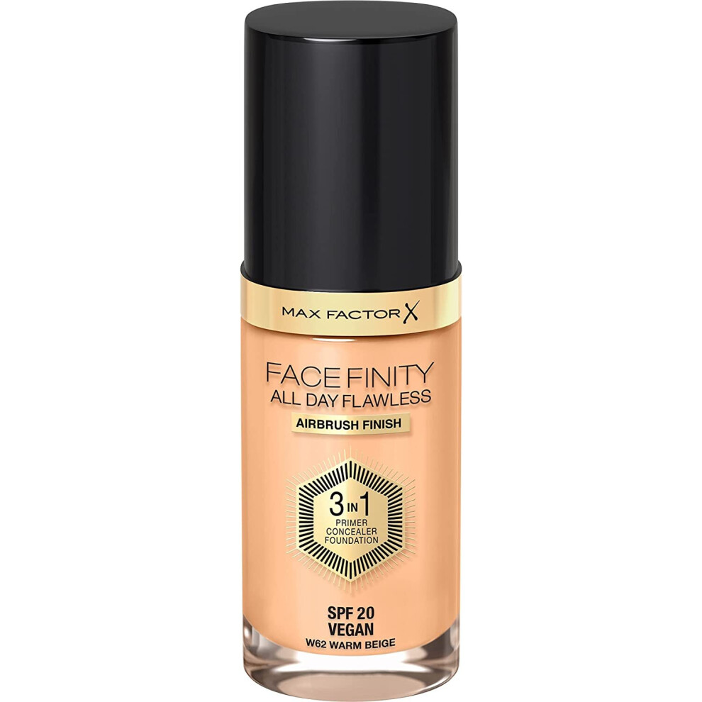 Max Factor Facefinity 3-in-1 All Day Flawless Liquid Foundation, SPF 20 - 62 Warm Beige, 30 ml