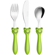 Exzact Children's Cutlery Stainless Steel 3pcs Set/Kids Cutlery/Toddler Utensils/Flatware - 1 x Fork, 1 x Safe Dinner Knife, 1 x Dinner Spoon (Frog x