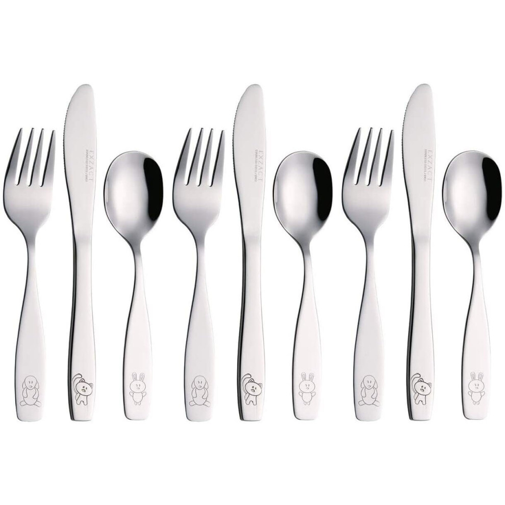 Exzact Childrens Cutlery 9pcs Set Stainless Steel Kid Cutlery/Todler Silverware 3 x Forks, 3 x Safe Dinnerknives, 3 x Dinner Spoons - Dog Cat Bunny De