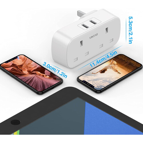 [1-pack] VINTAR Double Plug Adaptor with 2 USB, 2 Way Plugs Extension ...