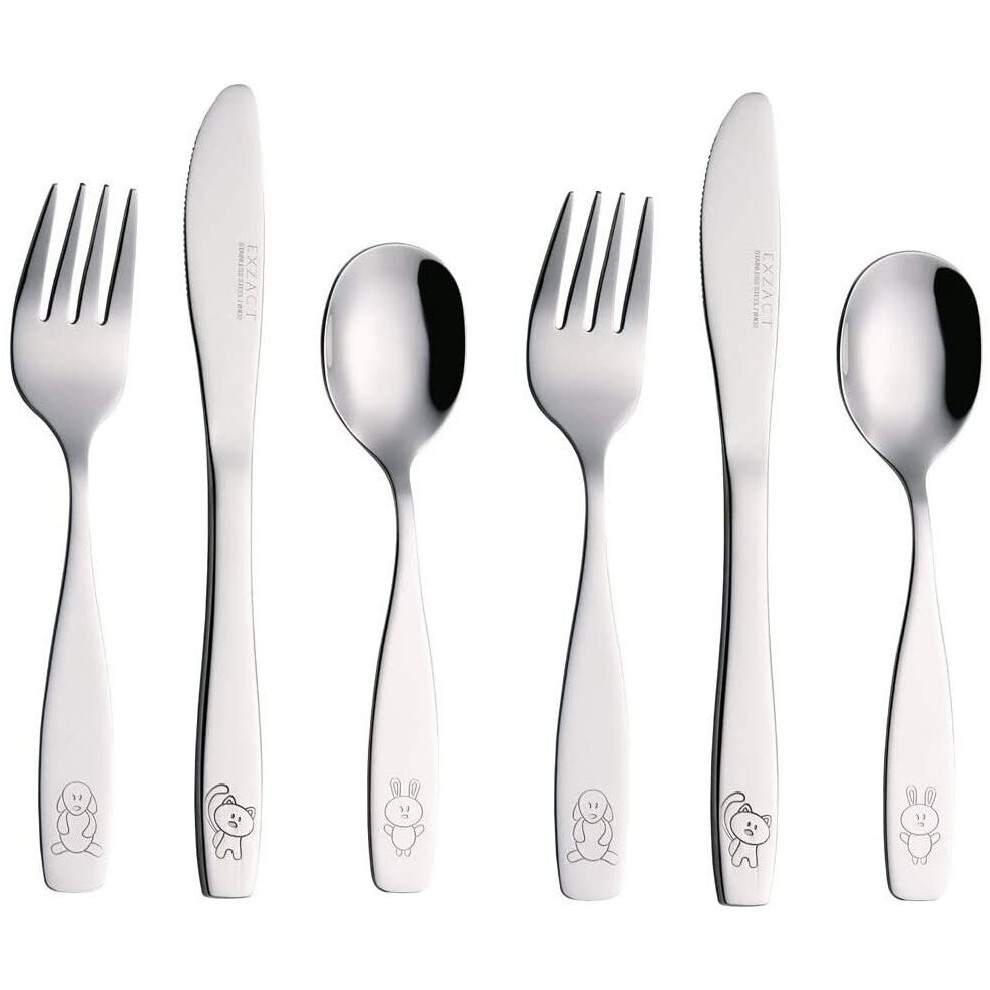 Exzact Children's Cutlery Stainless Steel 6pcs Set/Kids Cutlery/Toddler Utensils/Flatware - 2 x Forks, 2 x Safe Dinner Knives, 2 x Dinner Spoons - Eng