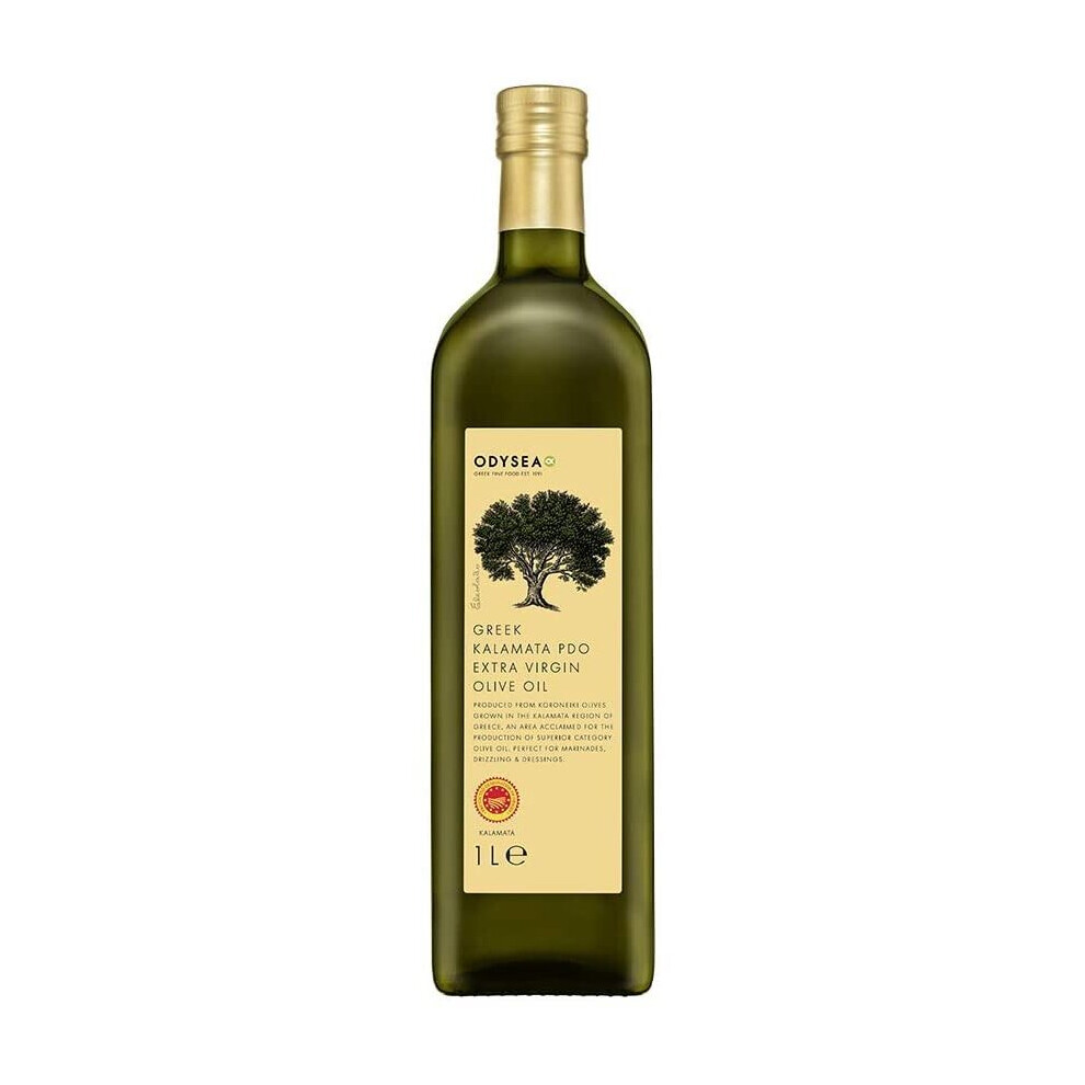 Odysea Greek PDO Kalamata Extra Virgin Olive Oil Glass Bottle, 1 Litre