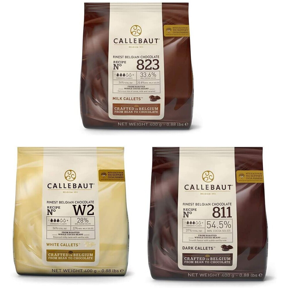 Callebaut Chocolate Bundle 3x400g Milk, Dark and White couverture callets