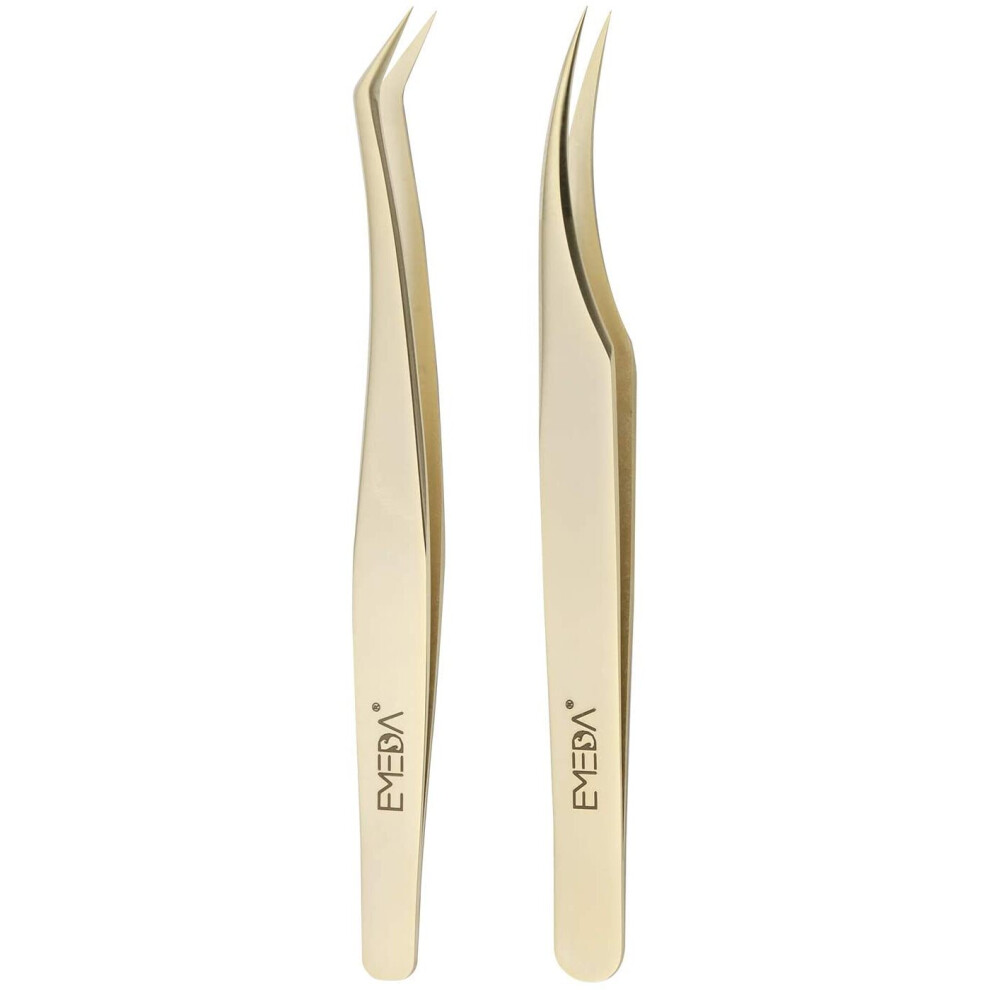 Emeda Golden 2 Pcs Eyelash Extension Tweezers Professional Precision Lash Extension Tweezers Individual Eyelash Tweezers Set For Extensions 3D 5D 6D Volume