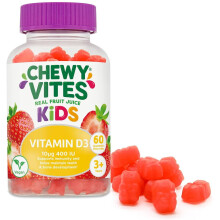 Chewy Vites Kids, High Strength Vit D3 60 Gummy Vitamins, 10 micrograms, 400 IU, 1-a-day, Real fruit juice, Vegan, 3 years +