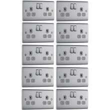 10 x BG Nexus NBS22G Twin Switch Sockets 13 Amp Double Pole Brushed Steel/Grey Inserts