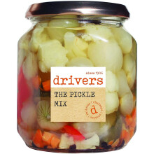 Driver's The Pickle Mix - Silverskin Onions - Gherkins - Cauliflower - Red Pepper - Carrots Traditional Driver's Recipe Picklers Since 1906 Gluten-Fre