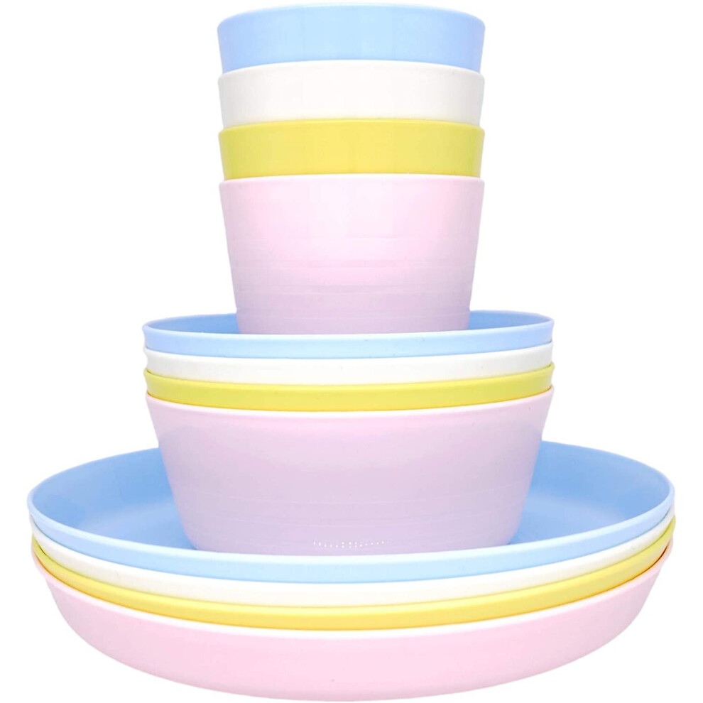 Bloomsworld 12 Piece Plastic Dinnerware Set, Reusable BPA Free 4 Cups, 4 Bowls and 4 Plates Suitable for Toddlers, Kids, Children, Picnic and Party Se