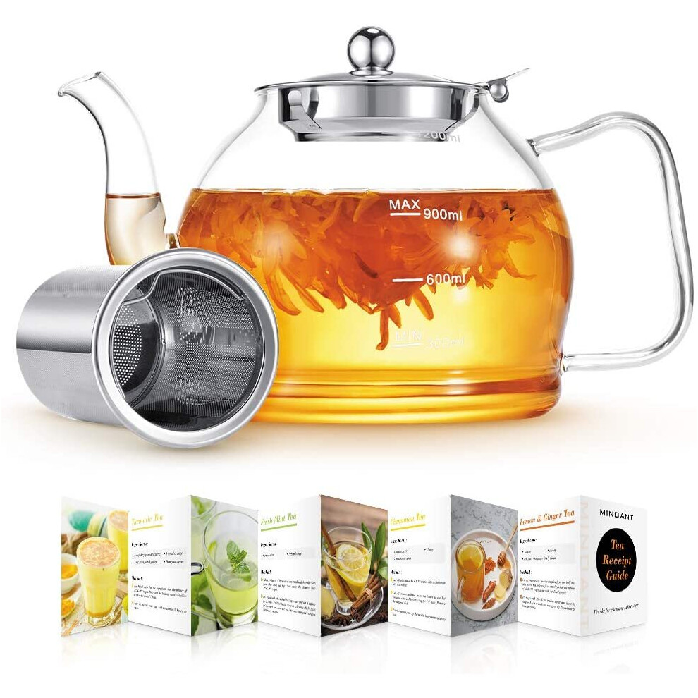 Glass Teapot, 1200ml Teapot, Tea Pot for Blooming Tea, Flowering Tea Pot Gift Set, Teapot with Infuser, Scale line Borosilicate Glass Teapot Stovetop