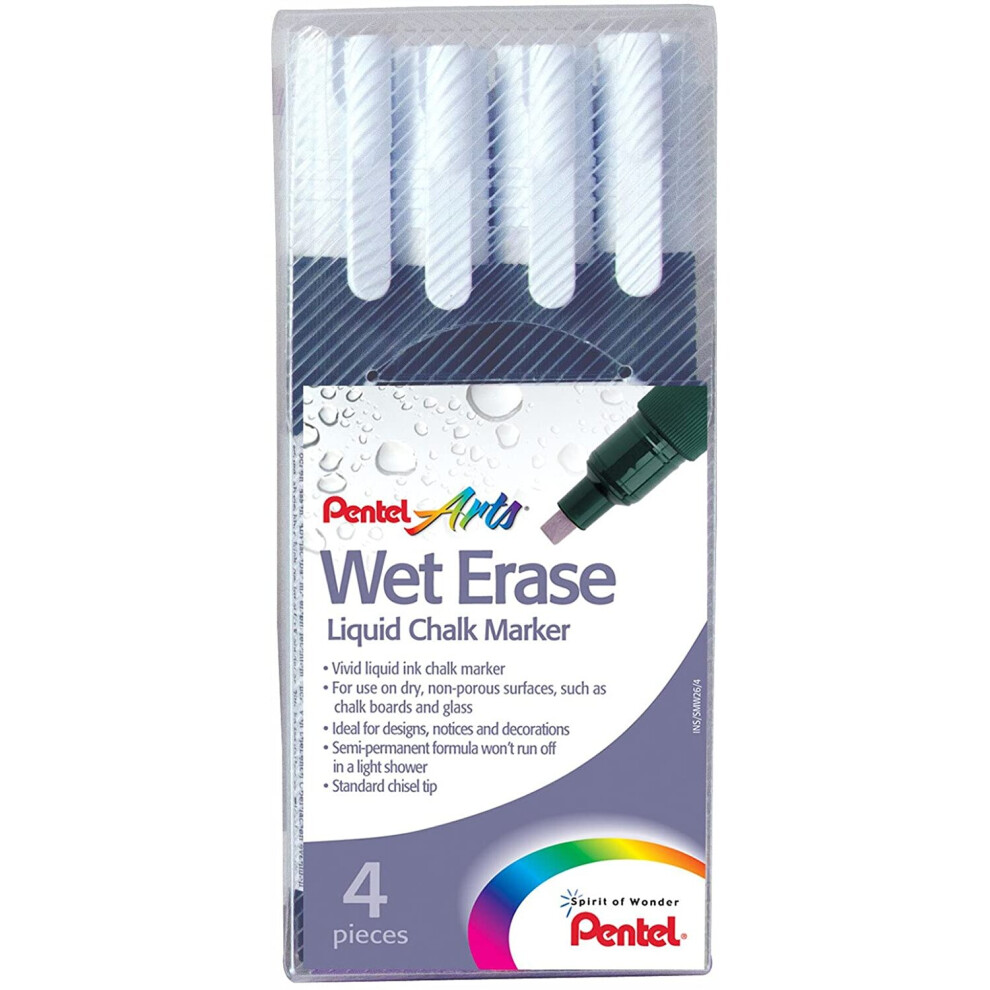 Pentel Arts Wet Erase Chalk Marker, Standard Chisel Tip, White Ink, 1 Pack of 4 Markers