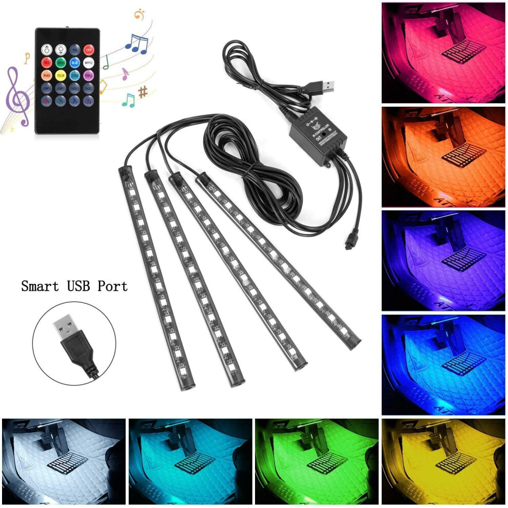 Car LED Strip Lights, 4pcs 48 USB LED Interior Lights, Multicolor Music Car Strip Light Under Dash Lighting Kit with Sound Active Function and Remote