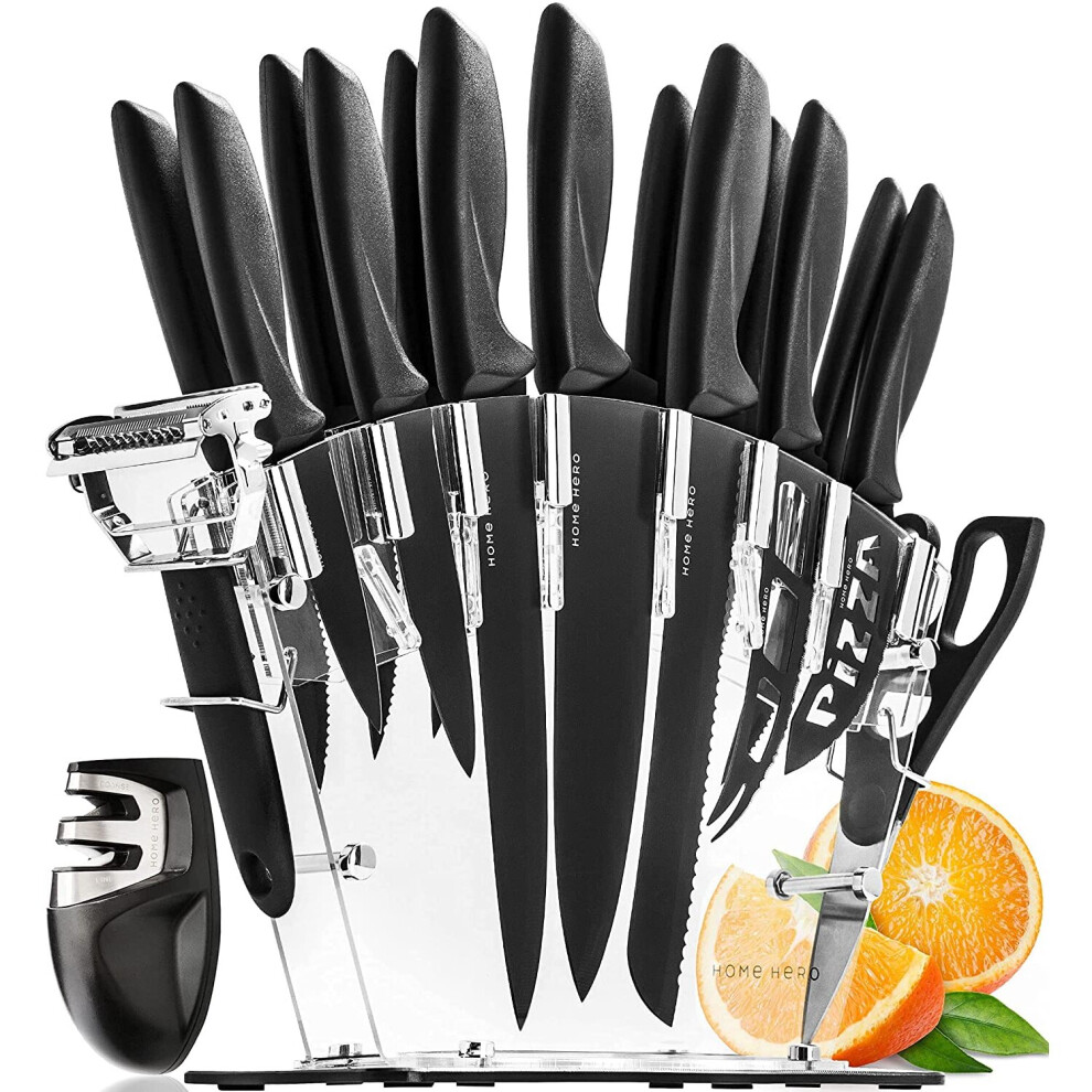 Home Hero 17 Pieces Kitchen Knives Set, 13 Stainless Steel Knives + Acrylic Stand, Scissors, Peeler and Knife Sharpener