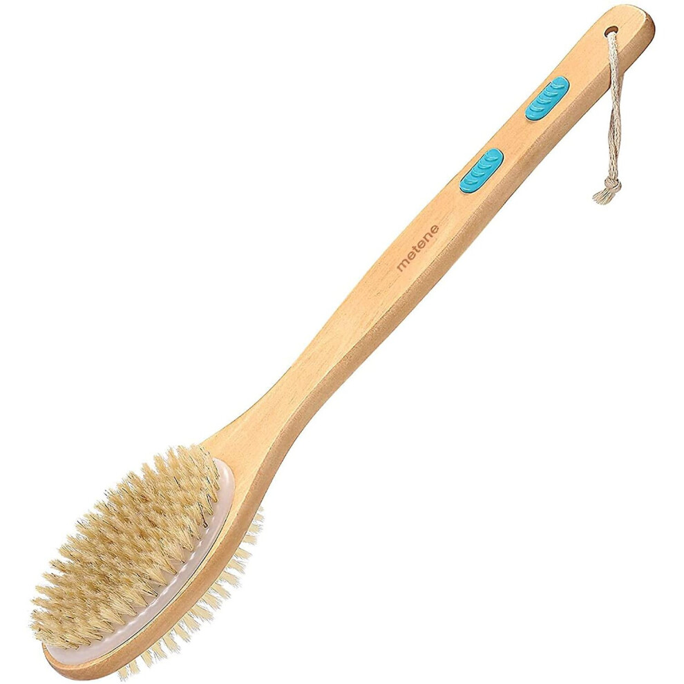 Metene Back Scrubber for Shower, Shower Brush for Exfoliating Skin and A Soft Scrub, Double-sided Body Brush Head for Wet or Dry Brushing, Long Wooden