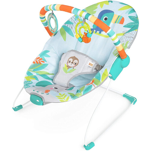 Bright Starts, Rainforest Vibes Vibrating Bouncer, Includes 2 Toys and Removable Toy Bar