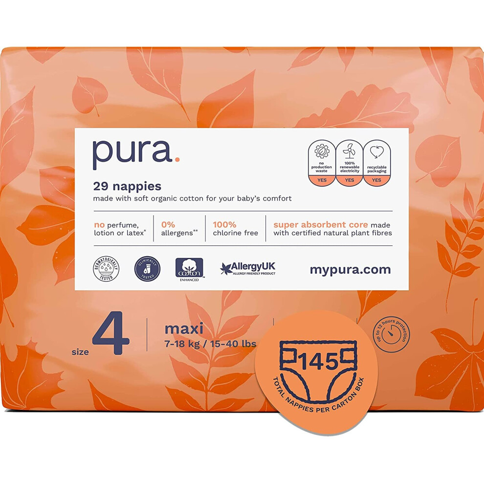 Pura Premium Eco Baby Nappies, Size 4, Pack of 145