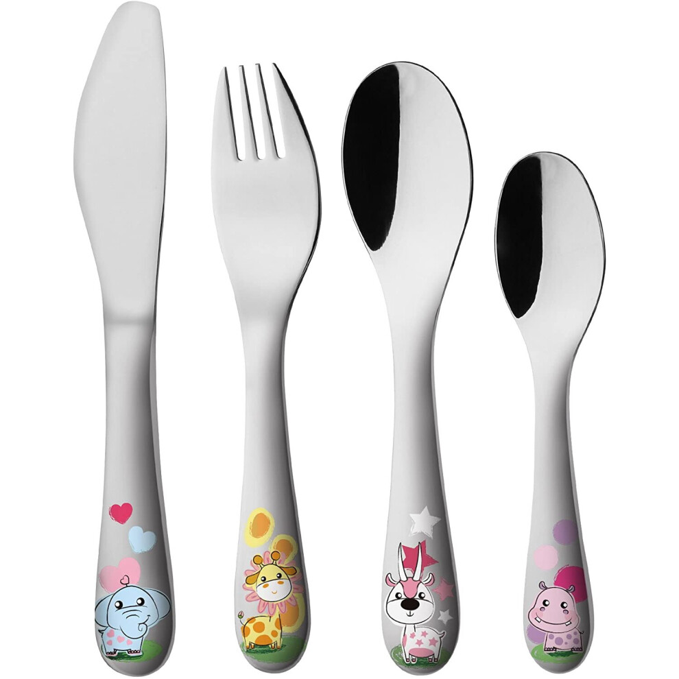 Childrens Cutlery 4Pcs Set Stainless Steel/Kids Cutlery/Toddler Utensils/Flatware - 1 X Fork, 1 X Safe Dinner Knife, 1 X Dinner Spoon, 1 X Dess Exzact