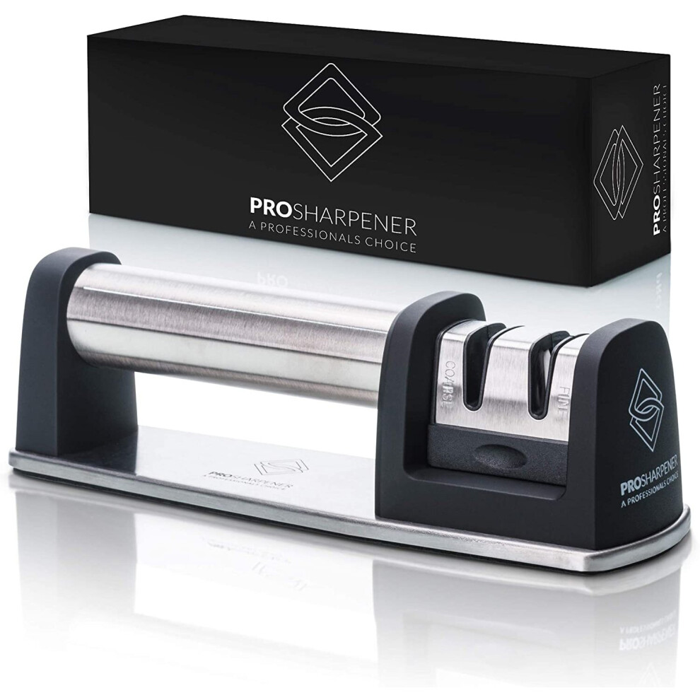 PRO Sharpener A Professionals Choice Manual Knife Sharpener 2 Stage Kitchen Accessor, Non-Slip Base, Stainless-Steel, Straight and Serrated Knives, Di