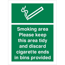 UK Safety Store FA.40W-RP Smoking Area Please Keep This Area Tidy And Discard Cigarette Ends In Bins Provided Sign 150mm x 200mm - Rigid Plastic