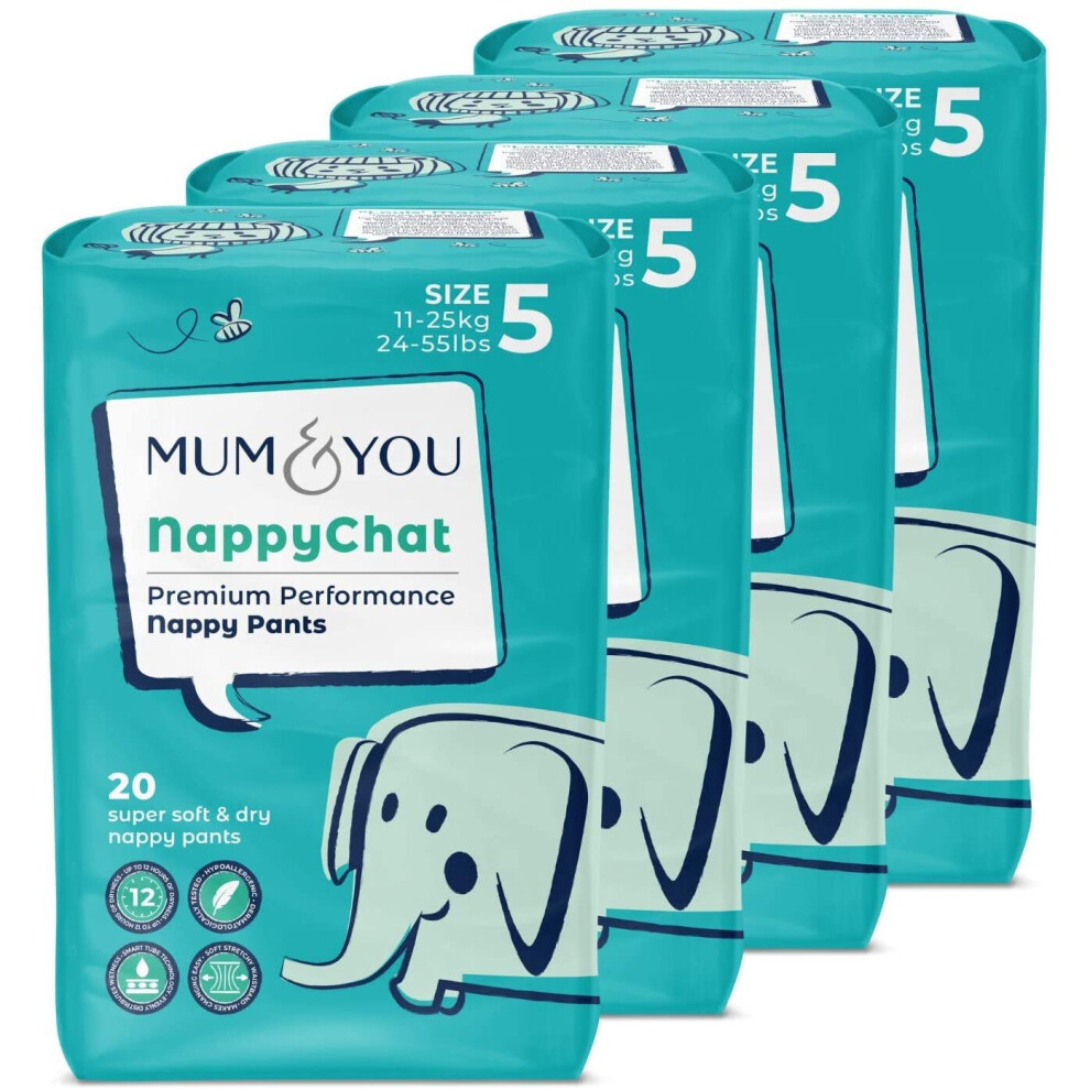 Mum & You Nappychat Premium Performance Eco Nappy Pants, 4 Pack Size 5 (Junior) 80 Nappies, With Smart Tube Technology For Extra Leak Protection. M&Y