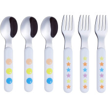 EXZACT Kids Cutlery 6pcs Stainless Steel 18/10 Children's Cutlery Set 3 x Forks, 3 x Dinner Spoons Plastic Handle, Toddler Utensils BPA Free – Stars