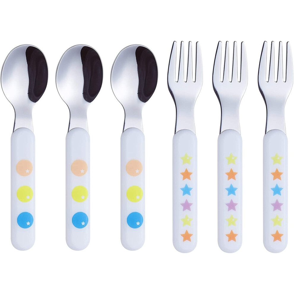 EXZACT Kids Cutlery 6pcs Stainless Steel 18/10 Children's Cutlery Set 3 x Forks, 3 x Dinner Spoons Plastic Handle, Toddler Utensils BPA Free â Stars