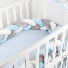 (Grey+white +blue ) 4M Anti-collision Strip Kids Bed Crib Bumpers Braided Protective Bar