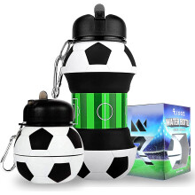 RIXOZ Football Water Bottle - 550ml Collapsible Water Container for Kids - Silicone Reusable Water Bottles for Boys and Girls - Leakproof BPA-Free Dri