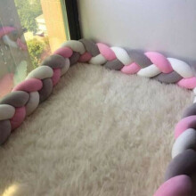 (Grey +white+ pink) 3M Anti-collision Strip Kids Bed Crib Bumpers Braided Protective Bar
