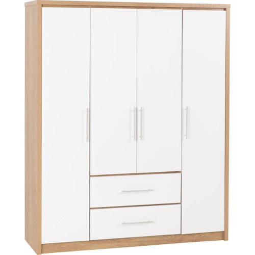 Seville 4 Door 2 Drawer Wardrobe White High Gloss/Light Oak Effect