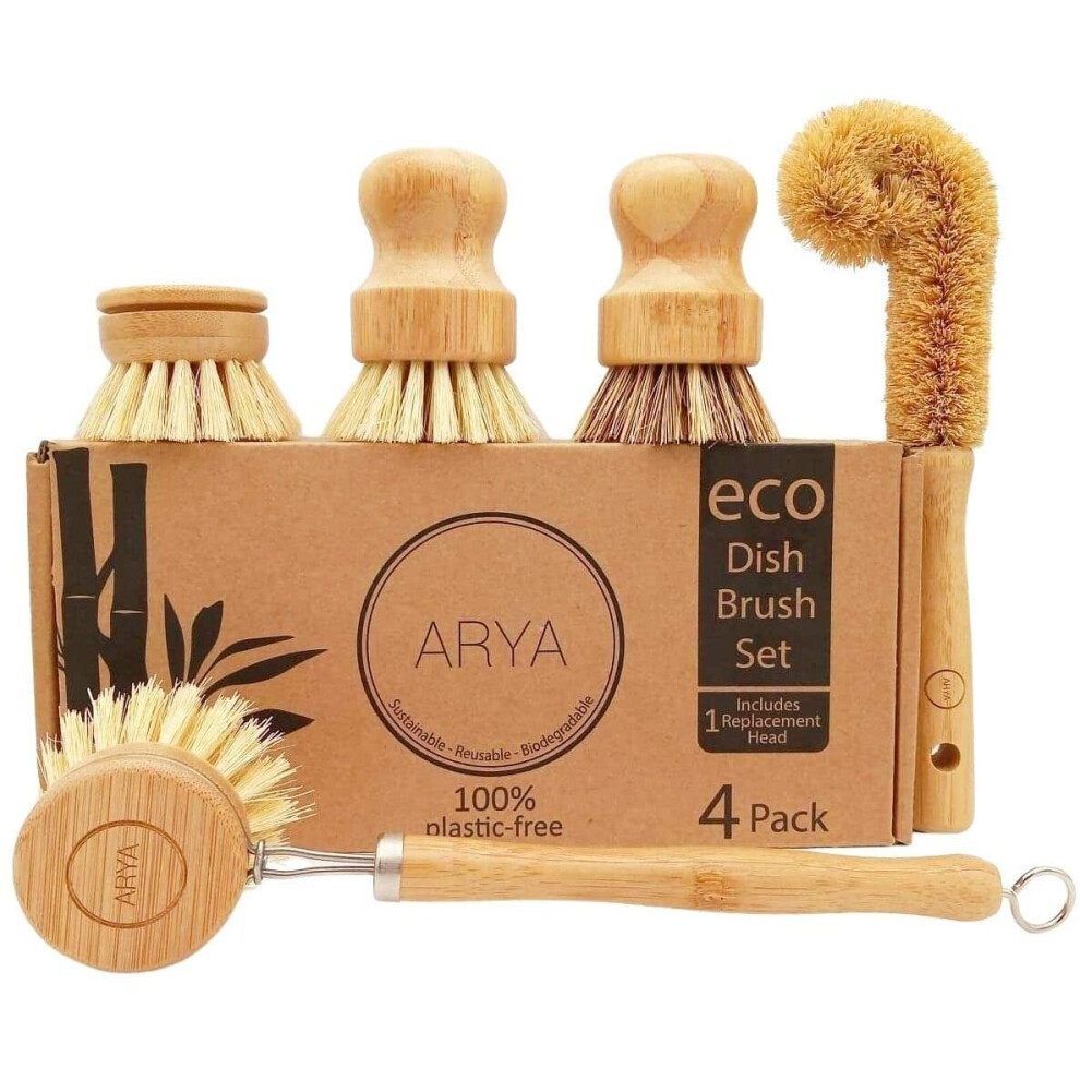 ARYA. | Eco Dish Brush Set | 4 Kitchen Washing Up Brushes & One Replacement Head | Bamboo & Natural Fibers | Eco Friendly Wooden Pot Brush Scourer