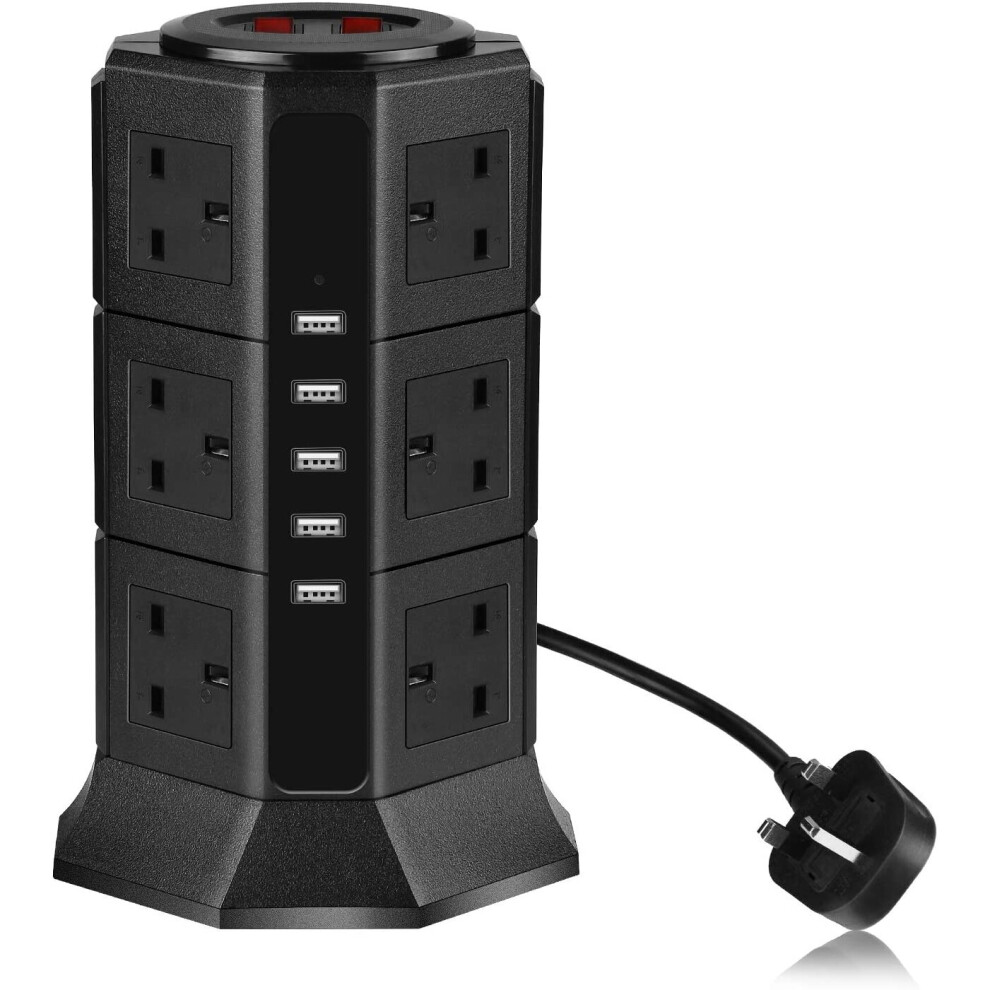 Extension Lead PRITEK 12 Way Outlets 1000J Surge Protector Vertical Power Strip with 5 USB Charging Ports 10A/2500W Overload Protection Extension