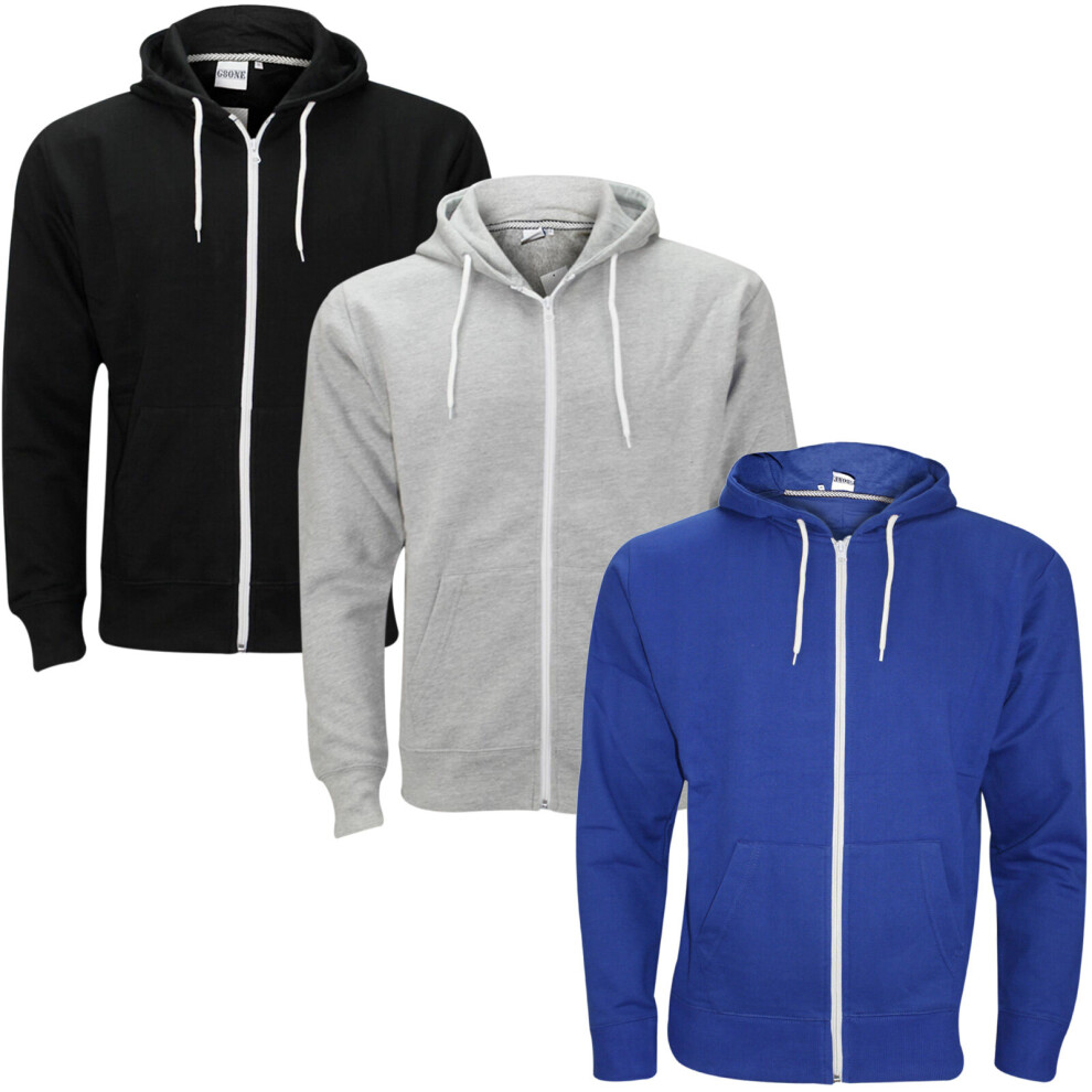 (Black, S) Mens Plain Hoodies Fleece Long Sleeve Full Zip Top