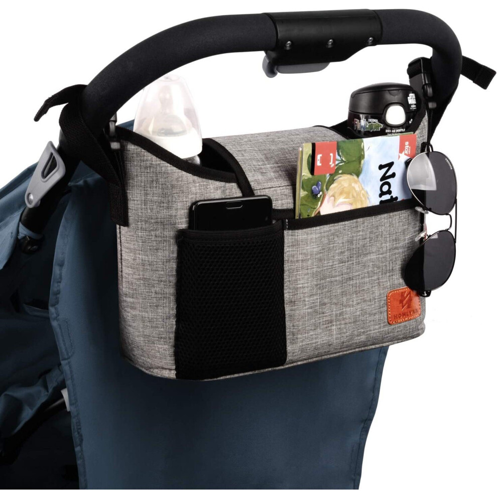 Buggy Pram Bag Organiser, 11L Large Capacity For Baby Accessories With 2 Deep Cup Holders & Shoulder Strap Used As Carry-On Handbag-Universal Fit All Homlynn