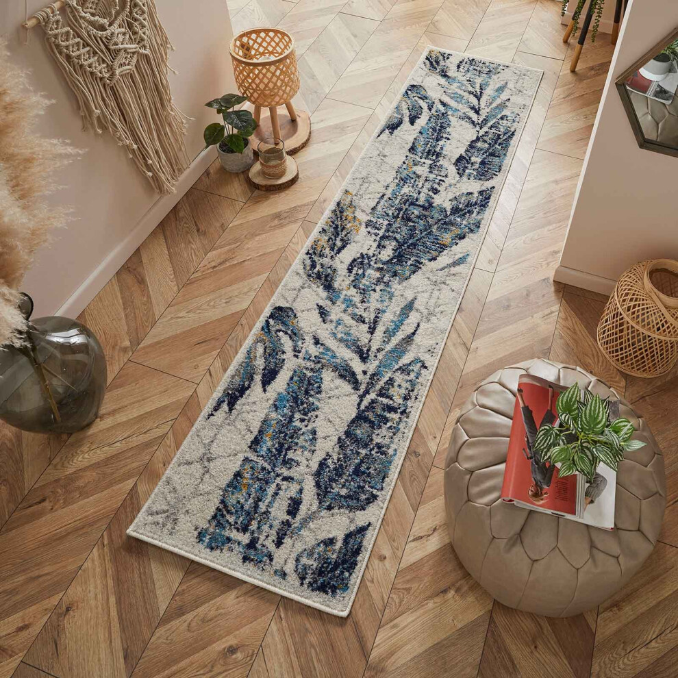 (Tropical-Blue/Grey/Cream, Hall Runner : 60x230cm) Distressed Modern Traditional Multi Coloured Rugs