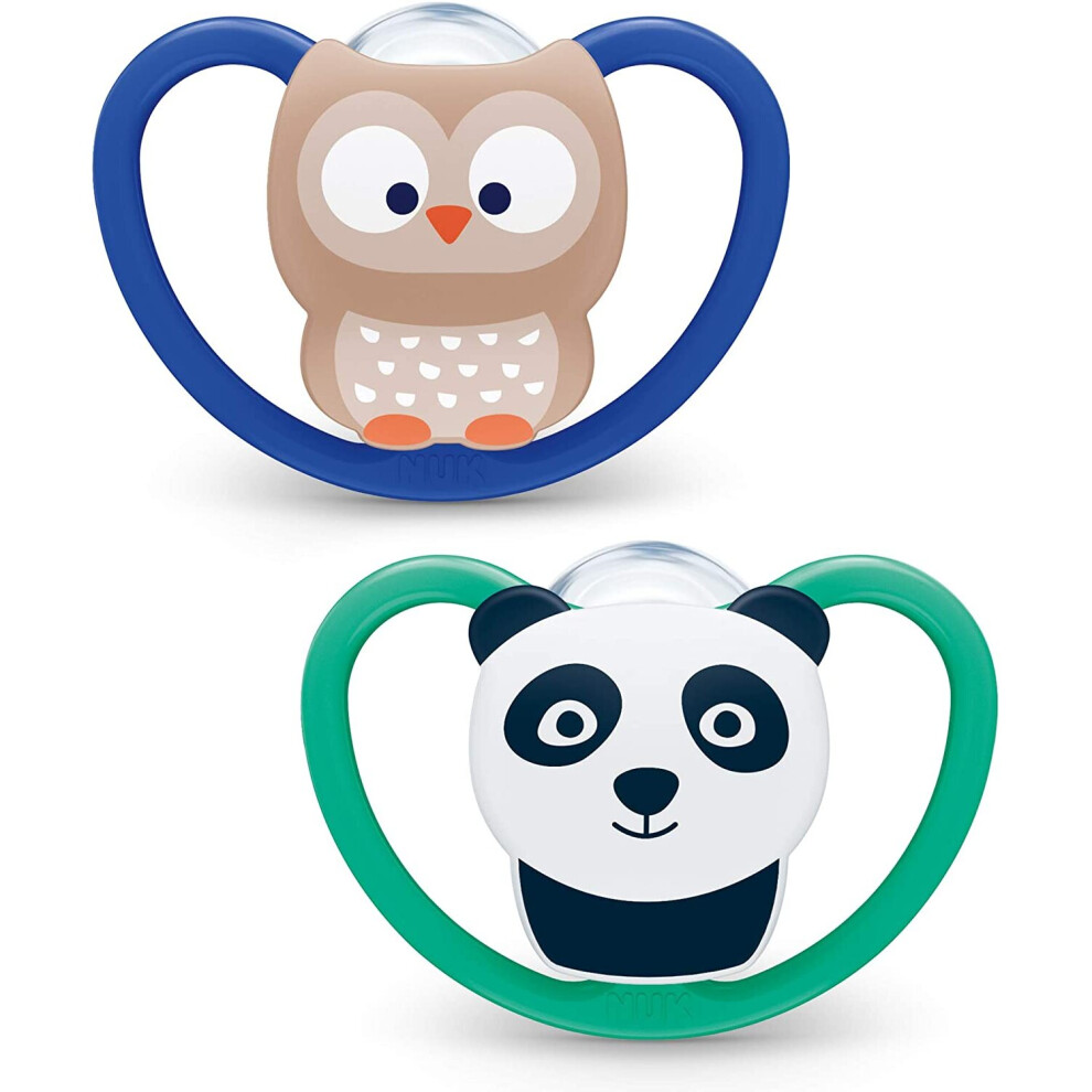 NUK Space Baby Dummy | 6-18 Months | Soothers with Extra Ventilation | BPA-Free Silicone | Owl & Panda | 2 Count