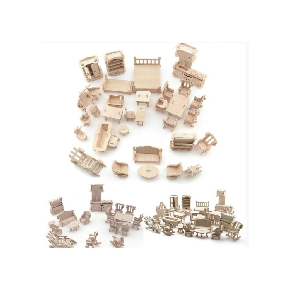 34Pcs Set Vintage Wooden Furniture Dolls House Miniature Toys Kids