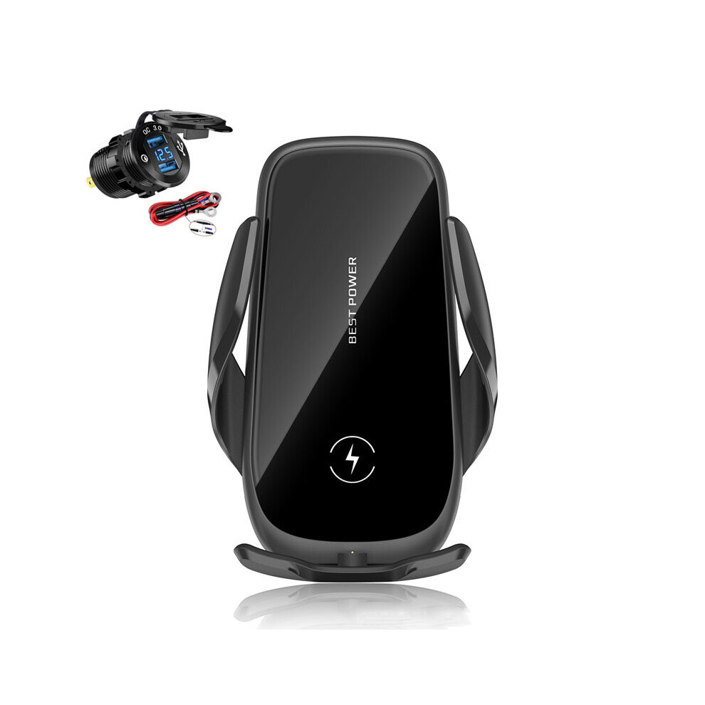 (Wireless Car Charger+Car Charger Socket ) 15W Qi Fast Charging Auto-Clamping Car Phone Holder With 12V Car Charger Socket Black 7348687263473