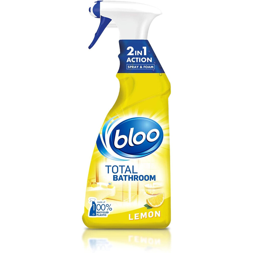 Bloo 2-in-1 Total Bathroom and Shower Cleaner, Spray and Foam Recycled and Refillable Bottle, Lemon Fragrance Removes Limescale and Disinfects, 750 ml