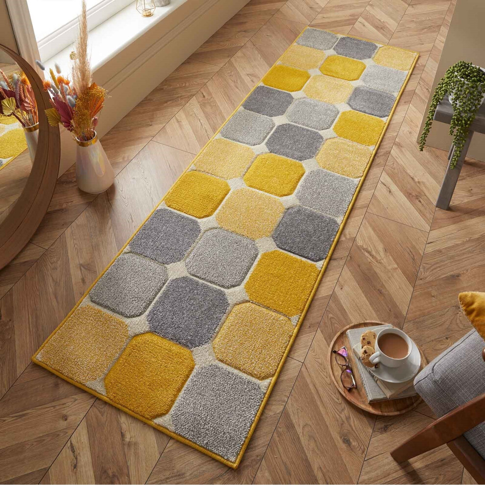 (6. 172J Box - Yellow, Hallway Runner : 60 x 230 cm) Modern Geometric Floral Abstract Area Rugs Check Multi Coloured Non Slip Runner