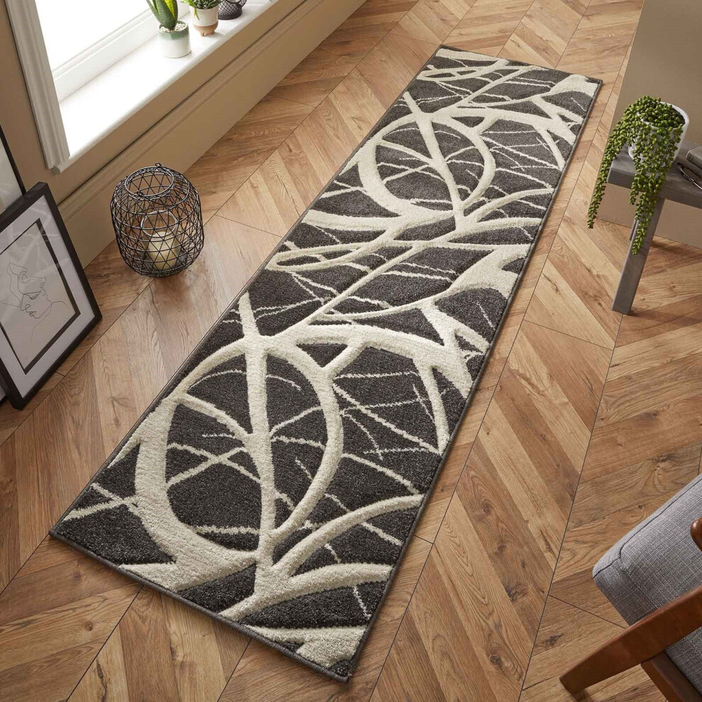 Oriental Weavers (1. 57E Abstract - Hallway Runner : 60 X 230 Cm) Modern Geometric Floral Abstract Area Rugs Check Multi Coloured Non Slip Runner Grey