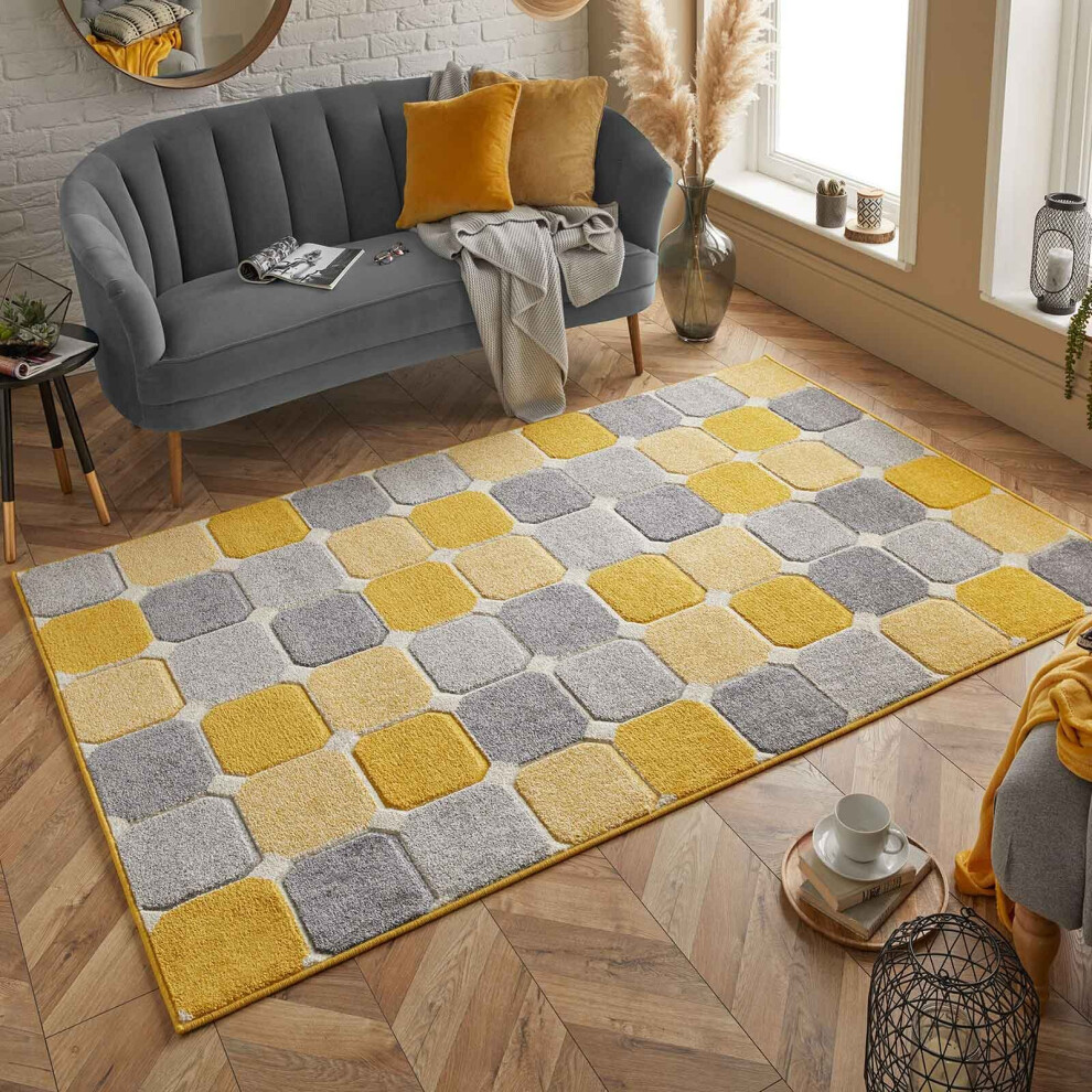 Oriental Weavers (6. 172J Box - 200 X 285 Cm) Modern Geometric Floral Abstract Area Rugs Check Multi Coloured Non Slip Runner Yellow