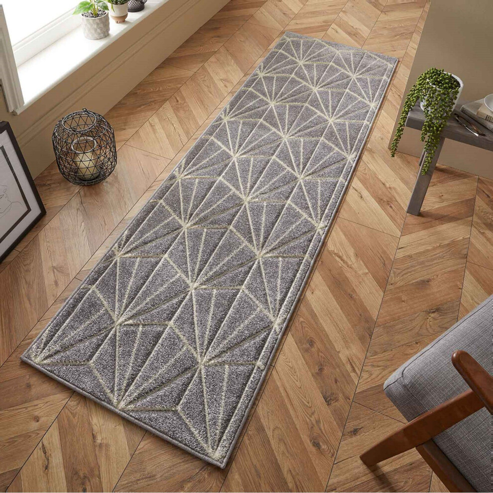 (11. 750N Diamond - Grey, Hallway Runner : 60 x 230 cm) Modern Geometric Floral Abstract Area Rugs Check Multi Coloured Non Slip Runner