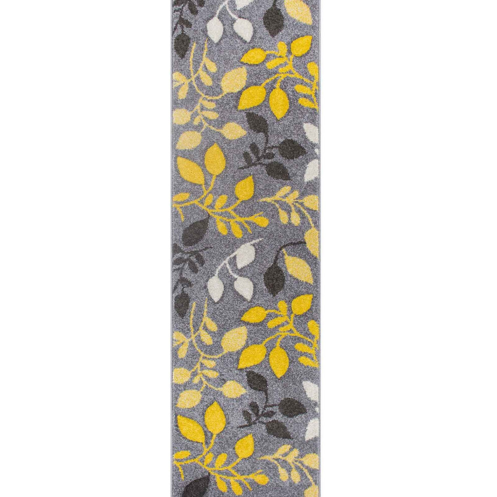 Oriental Weavers (14. 1096 1 Floral - Grey / Hallway Runner : 60 X 230 Cm) Modern Geometric Floral Abstract Area Rugs Check Multi Coloured Non Slip Runner Yellow