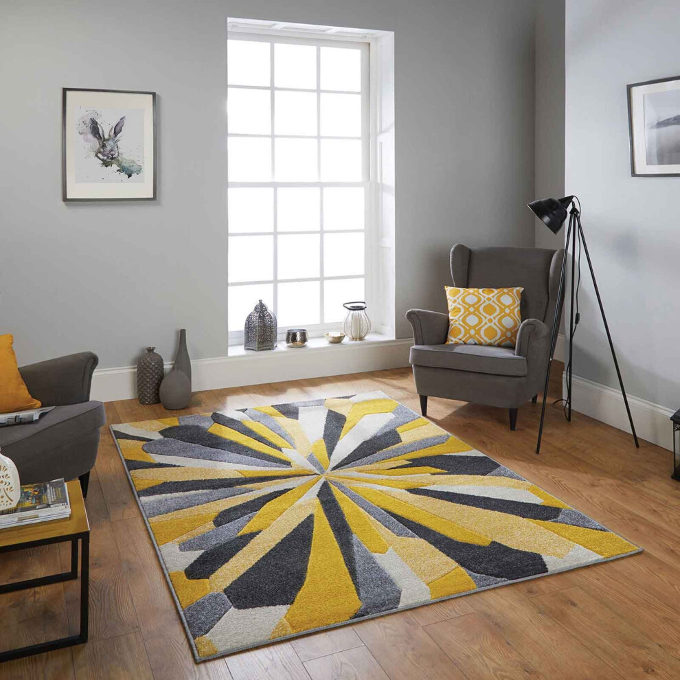 Oriental Weavers (19. 3337A Contemporary - 80 X 150 Cm) Modern Geometric Floral Abstract Area Rugs Check Multi Coloured Non Slip Runner Yellow