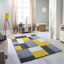 (26. 8425I Box - Yellow / Grey, 200 x 285 cm) Modern Geometric Floral Abstract Area Rugs Check Multi Coloured Non Slip Runner