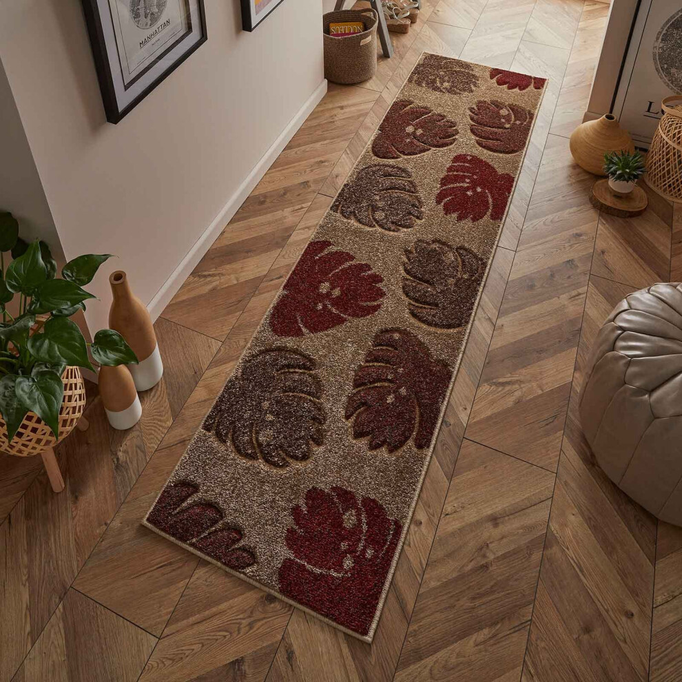 Oriental Weavers (23. 7155Q Leaf - Beige Terracotta, Hallway Runner : 60 X 230 Cm) Modern Geometric Floral Abstract Area Rugs Check Multi Colou Non Slip Runner Red