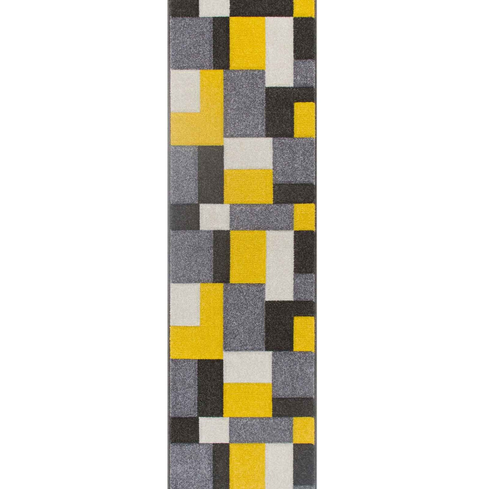 Oriental Weavers (26. 8425I Box - / Grey, Hallway Runner : 60 X 230 Cm) Modern Geometric Floral Abstract Area Rugs Check Multi Coloured Non Slip Runner Yellow