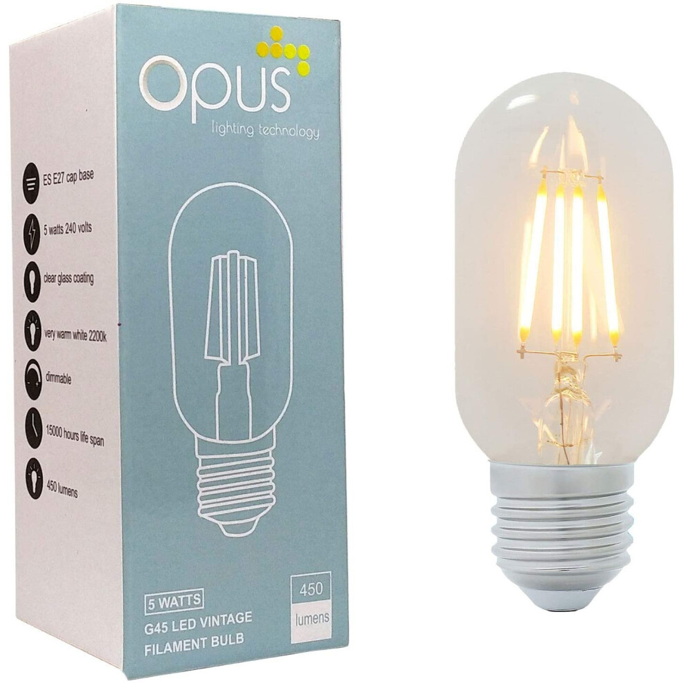 Vintage Filament Tubular Opus Classic 5W LED Dimmable Clear T45 Light Bulb Very Warm White Es E27 Edison Screw