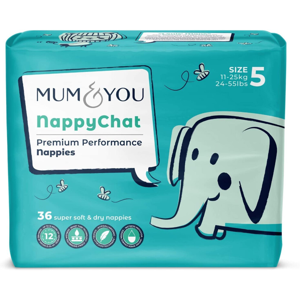Mum & You Premium Performance Nappychat Eco-Nappies, Size 5 (36 Nappies) With Smart Tube Technology For Extra Leak Protection M&Y